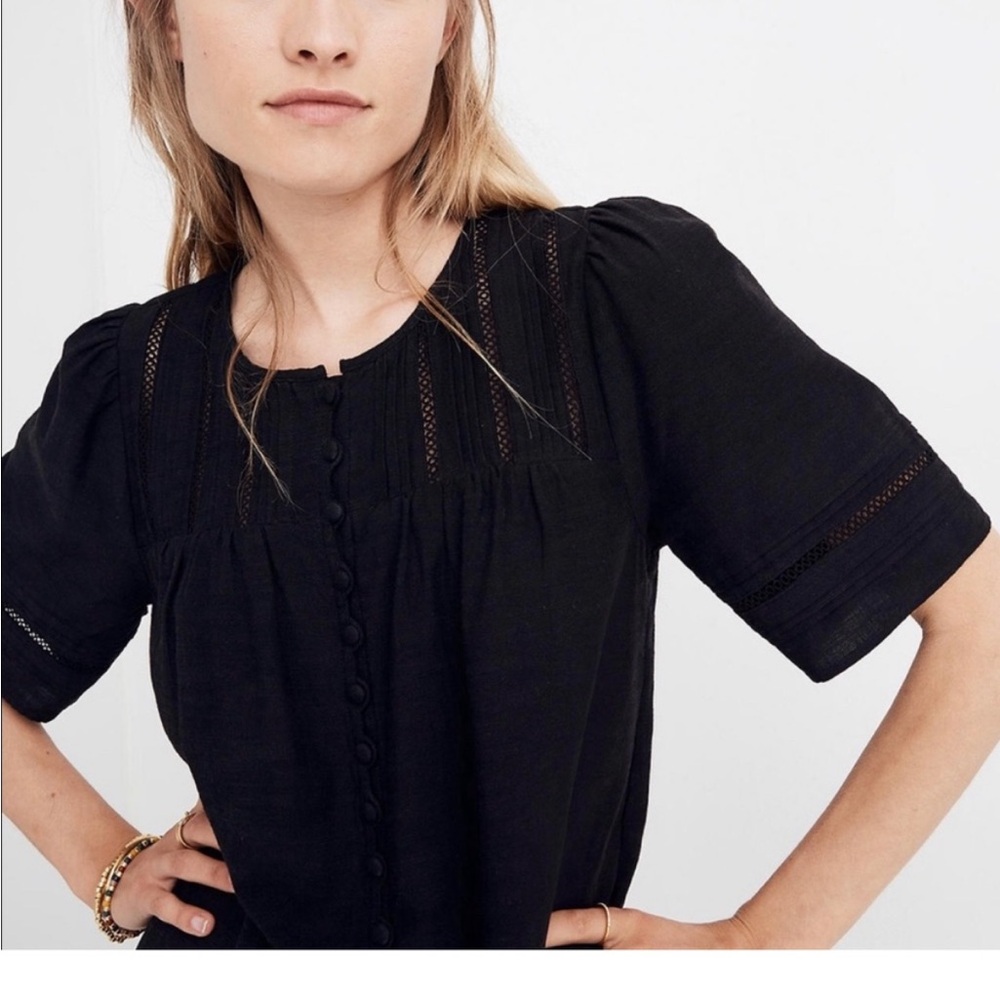 Madewell black cotton viscose peasant tent shift dress with buttons pleats xxs